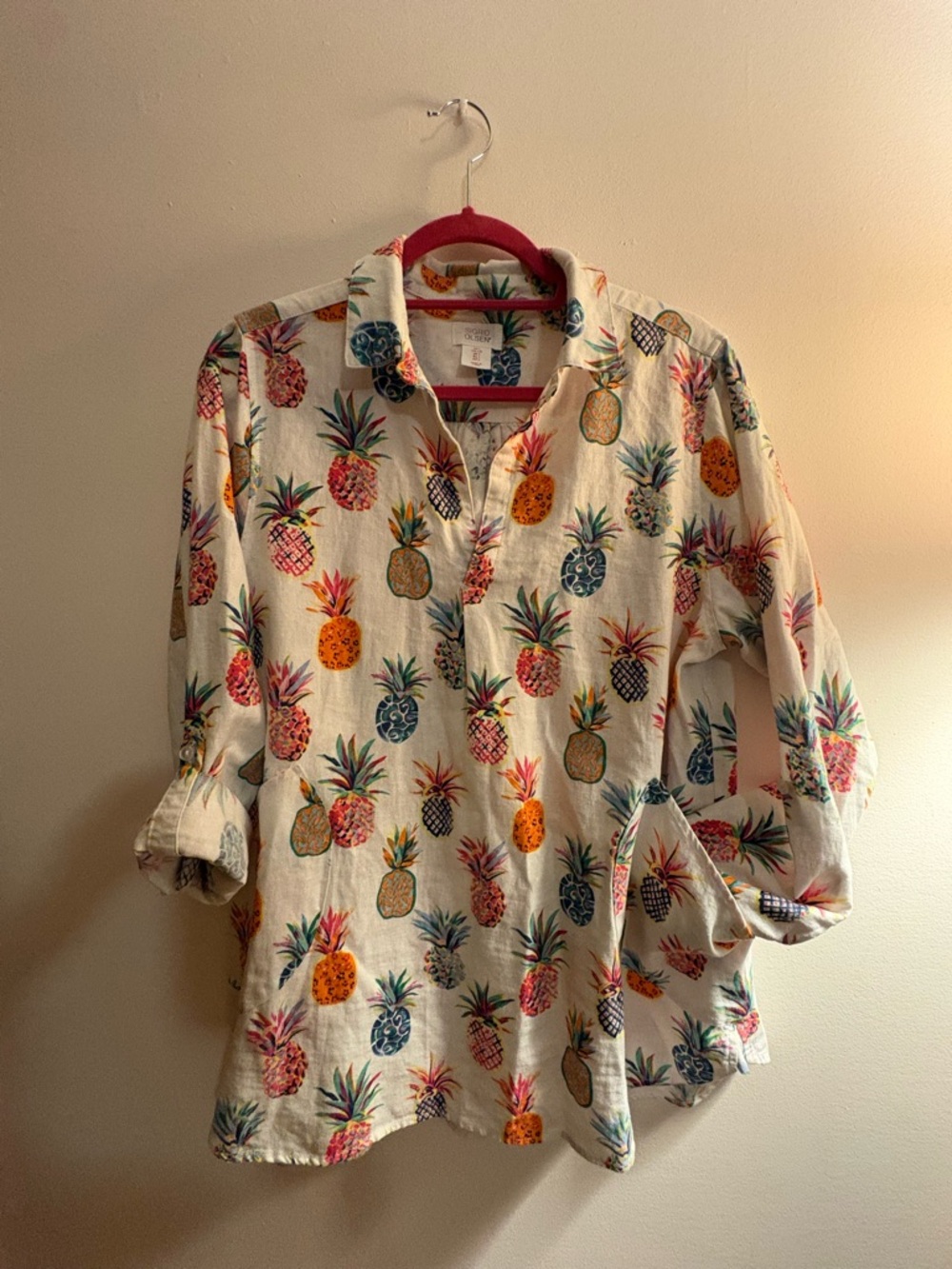Sigrid Olsen Pineapple Print Button Down Shirt Size L Tropical Blouse